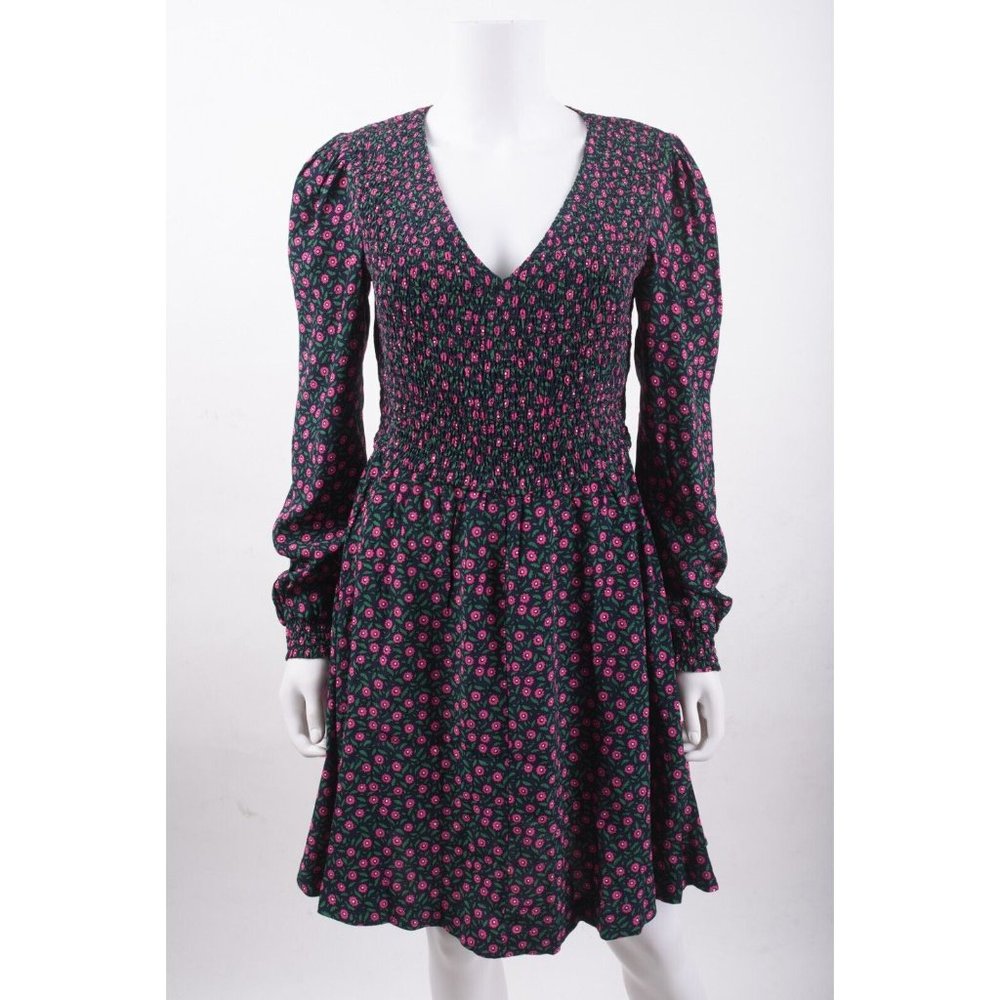 Boden Green Long Sleeve V-Neck Floral Dress with Pink Roses